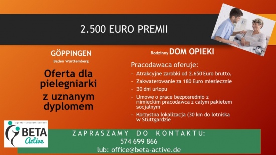Dom opieki w Goppingen,szuka pielęgniarki – 2,500 Euro Premii